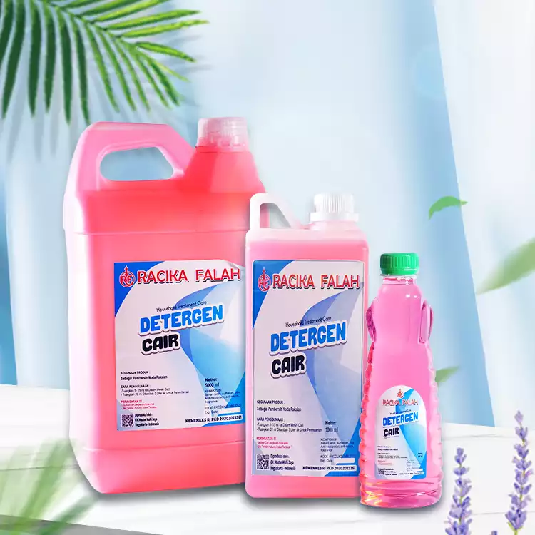 Detergen cair Racika Falah dalam kemasan 5 liter, 1 liter dan botol kecil